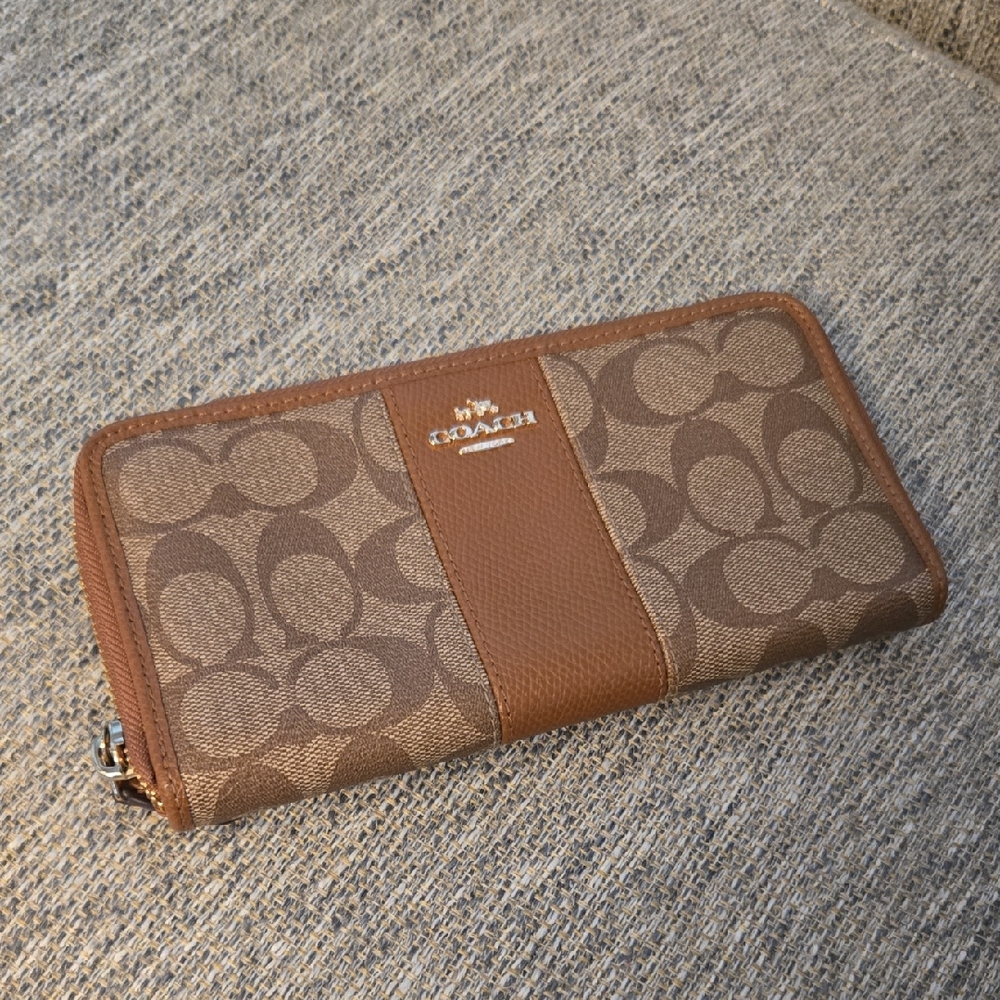 Coach Brown Signature Zip Wallet with Leather Center Panel
